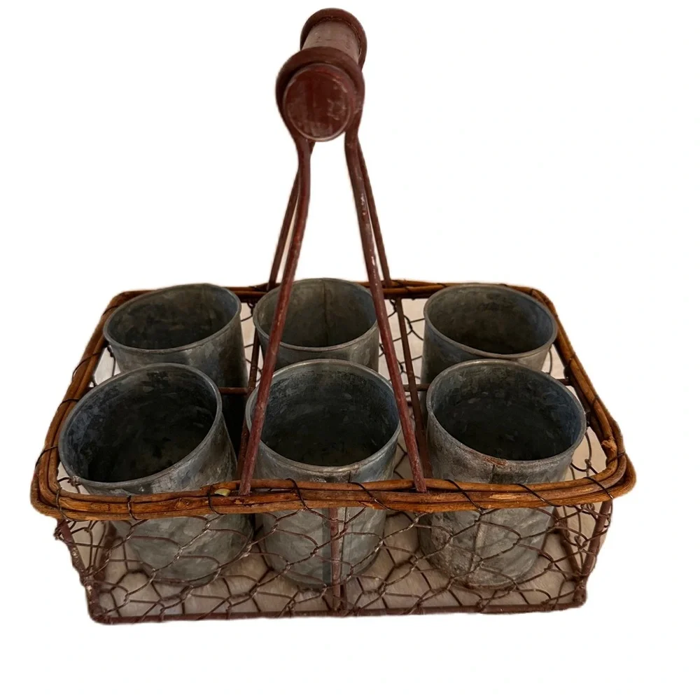 French Basket Farmhouse Rustic Wire Handle‎ 6 Cup Galvanized Metal Herb Pots
